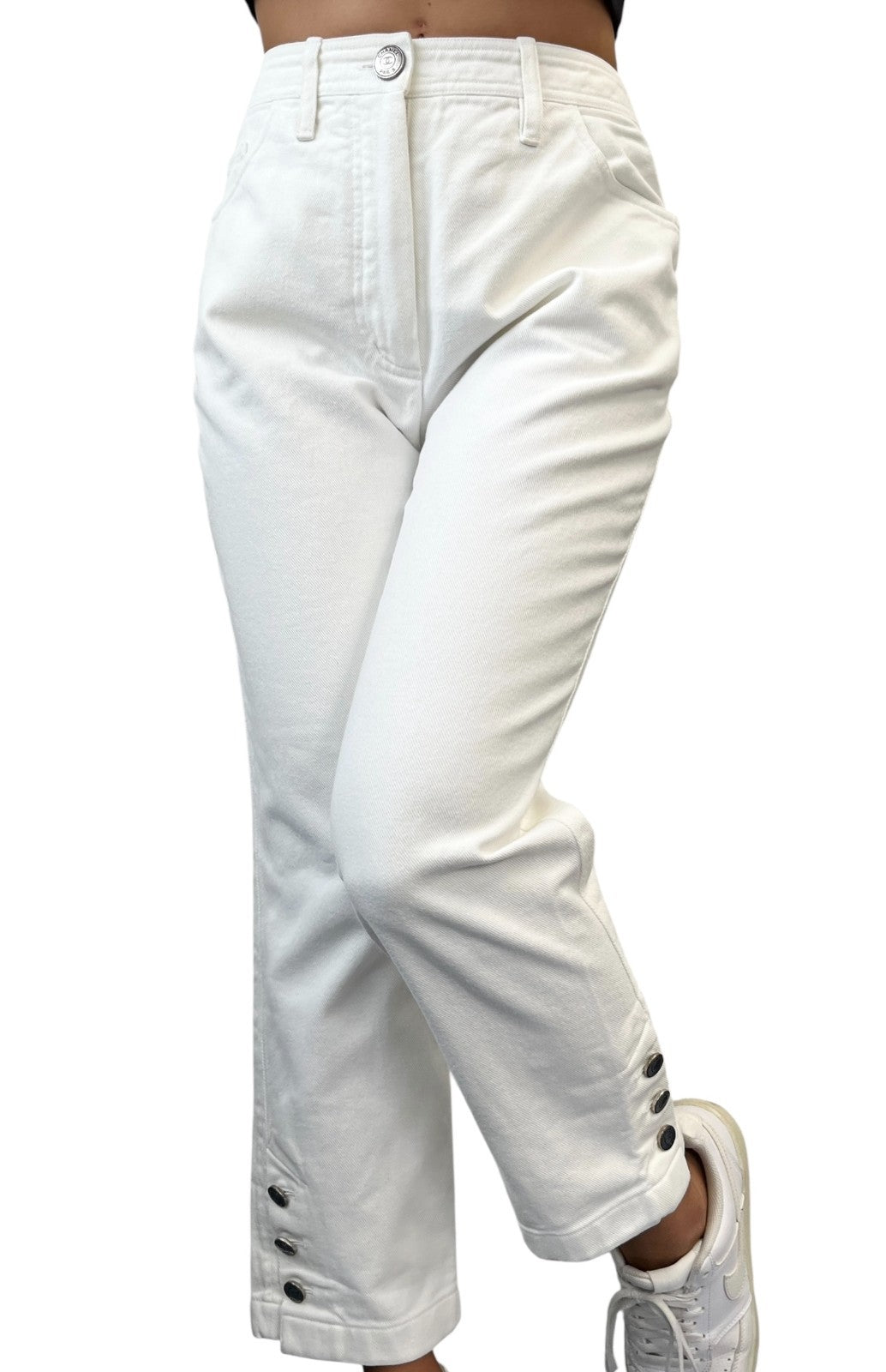 CHANEL Vintage 97C CC Logo Denim Pants #38 White Silver Cotton Stitch Pocket