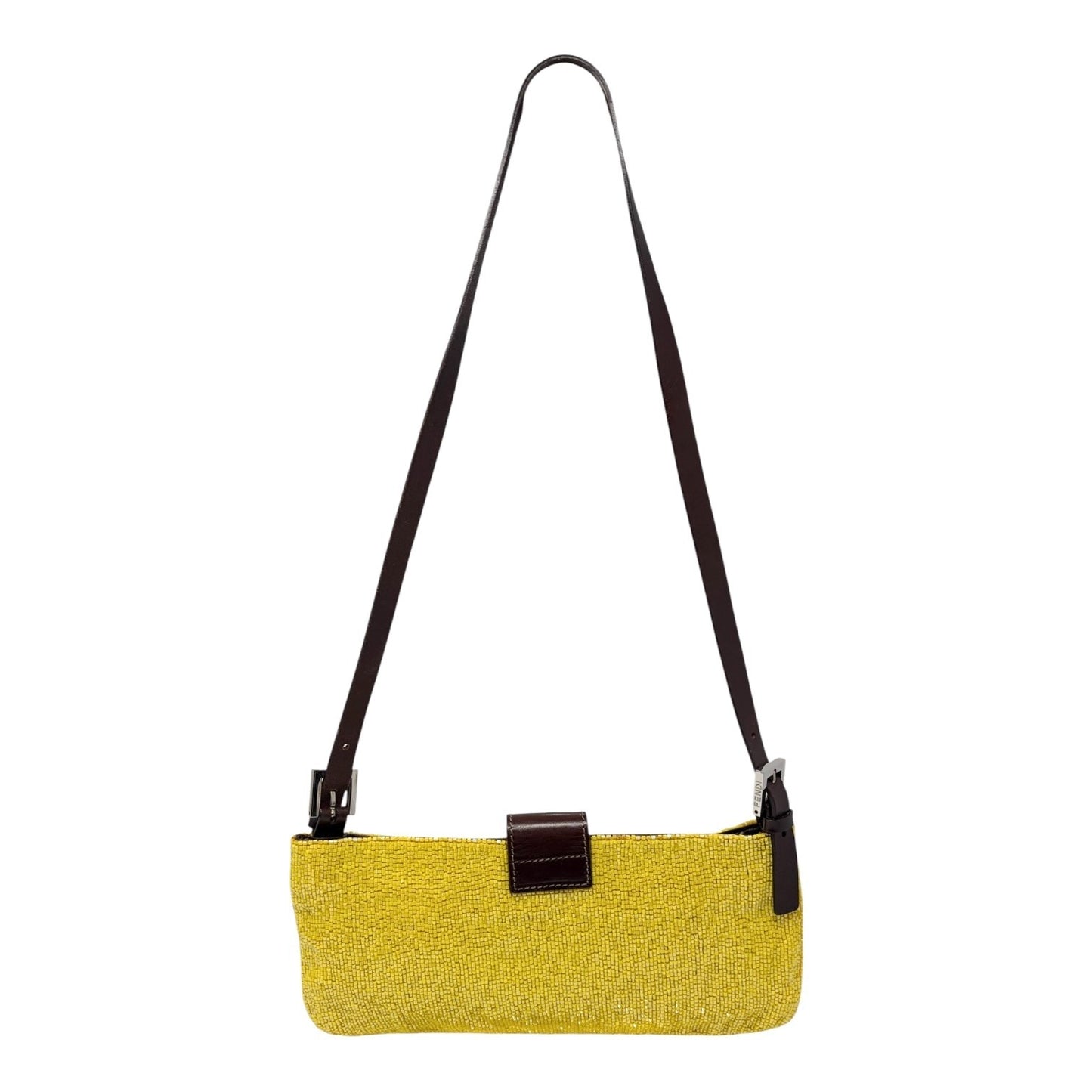 FENDI Vintage FF Logo Beads Mamma Baguette Crossbody Shoulder Bag Yellow Brown