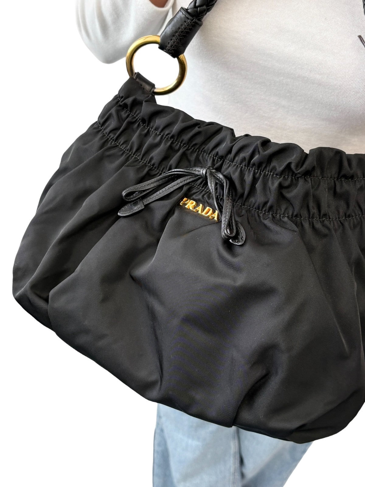 PRADA Vintage Logo Tessuto Nylon Shoulder Bag Black Gold Ribbon Leather