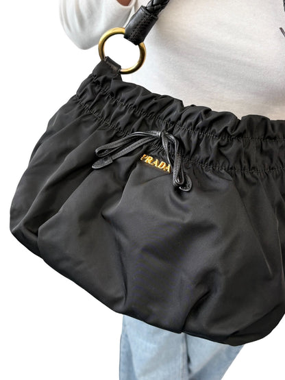 PRADA Vintage Logo Tessuto Nylon Shoulder Bag Black Gold Ribbon Leather