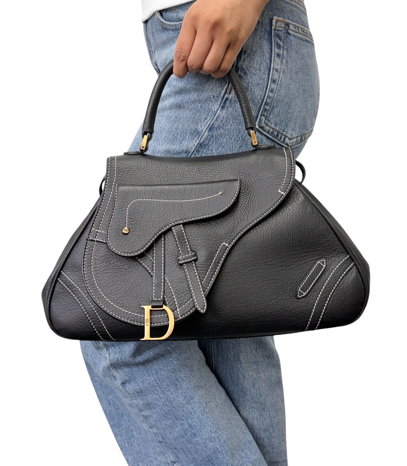 Christian Dior Vintage Double Saddle Stitch 2way Bag  Black Leather 902446