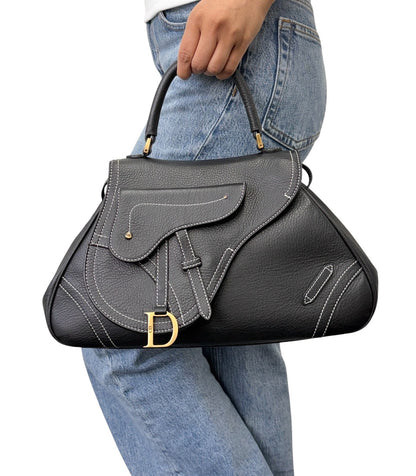 Christian Dior Vintage Double Saddle Stitch 2way Bag  Black Leather 902446