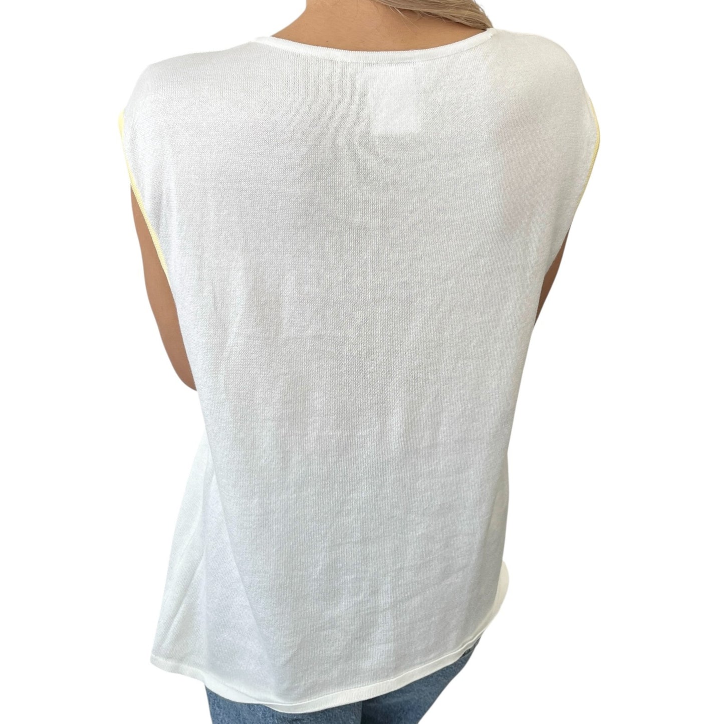 CHANEL Vintage 00S CC Logo Knit Tank Top #42 Sleeveless White Yellow Cotton