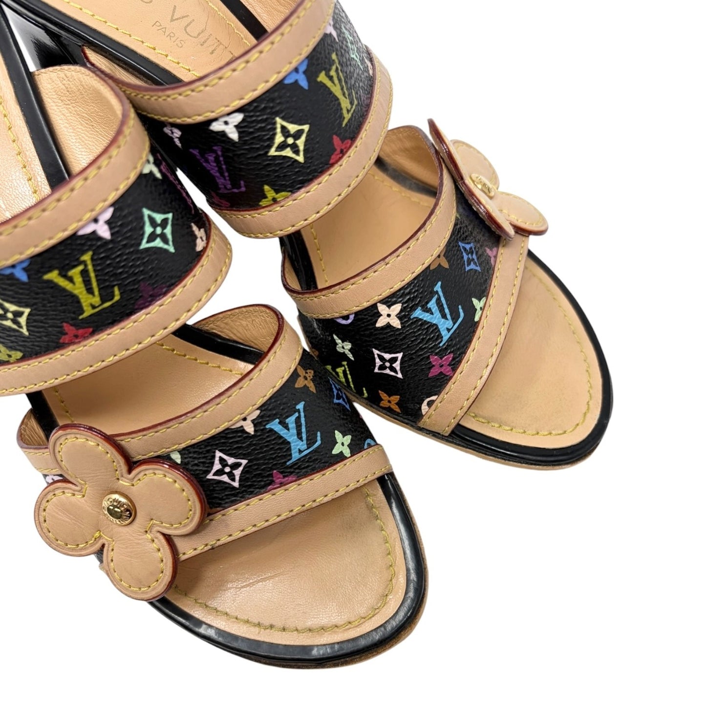 LOUIS VUITTON Vintage Monogram Multicolor Flower Sandals #36 Black Beige 901839