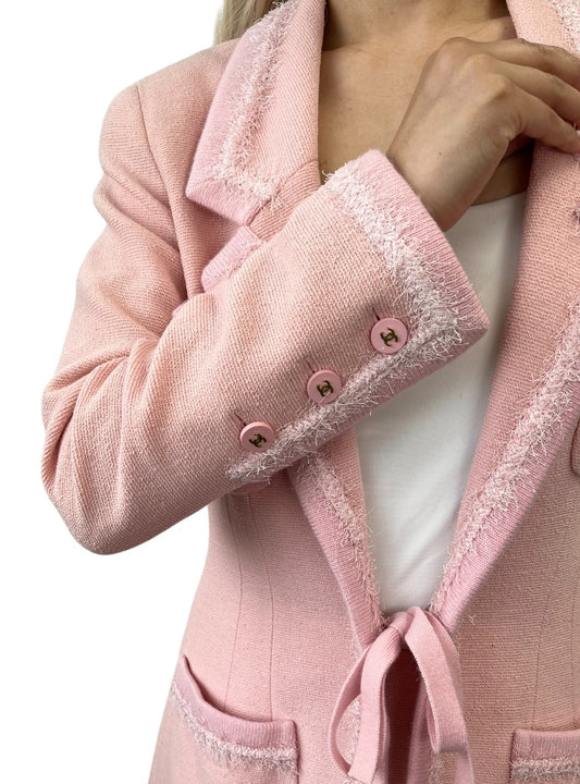 CHANEL Vintage 94A CC Logo Button Tweed Jacket Skirt Set #38 Wool Pink Fringe