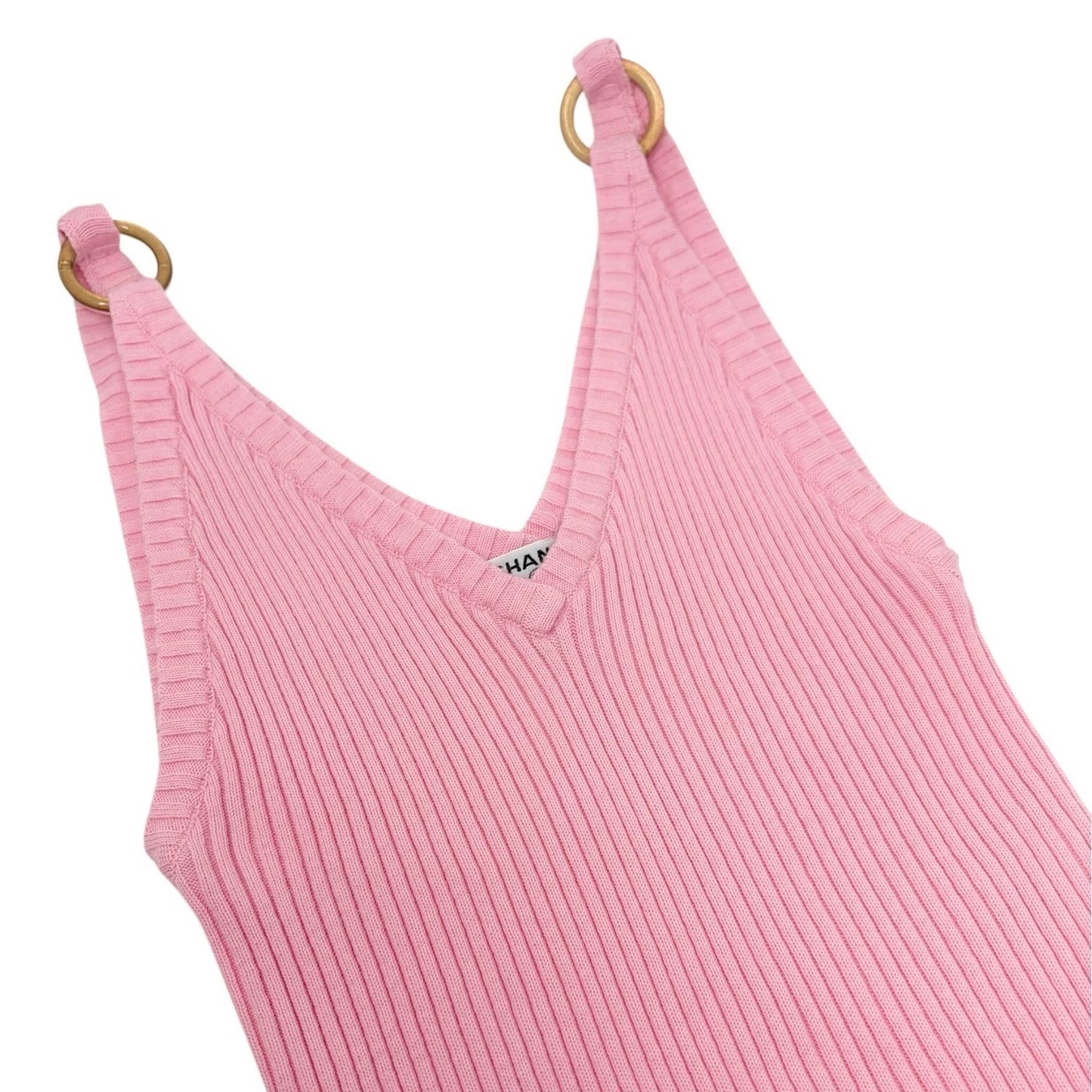 CHANEL Vintage 01C CC Logo Knit Rib Tank Top #42 Gold Rings Pink Cotton