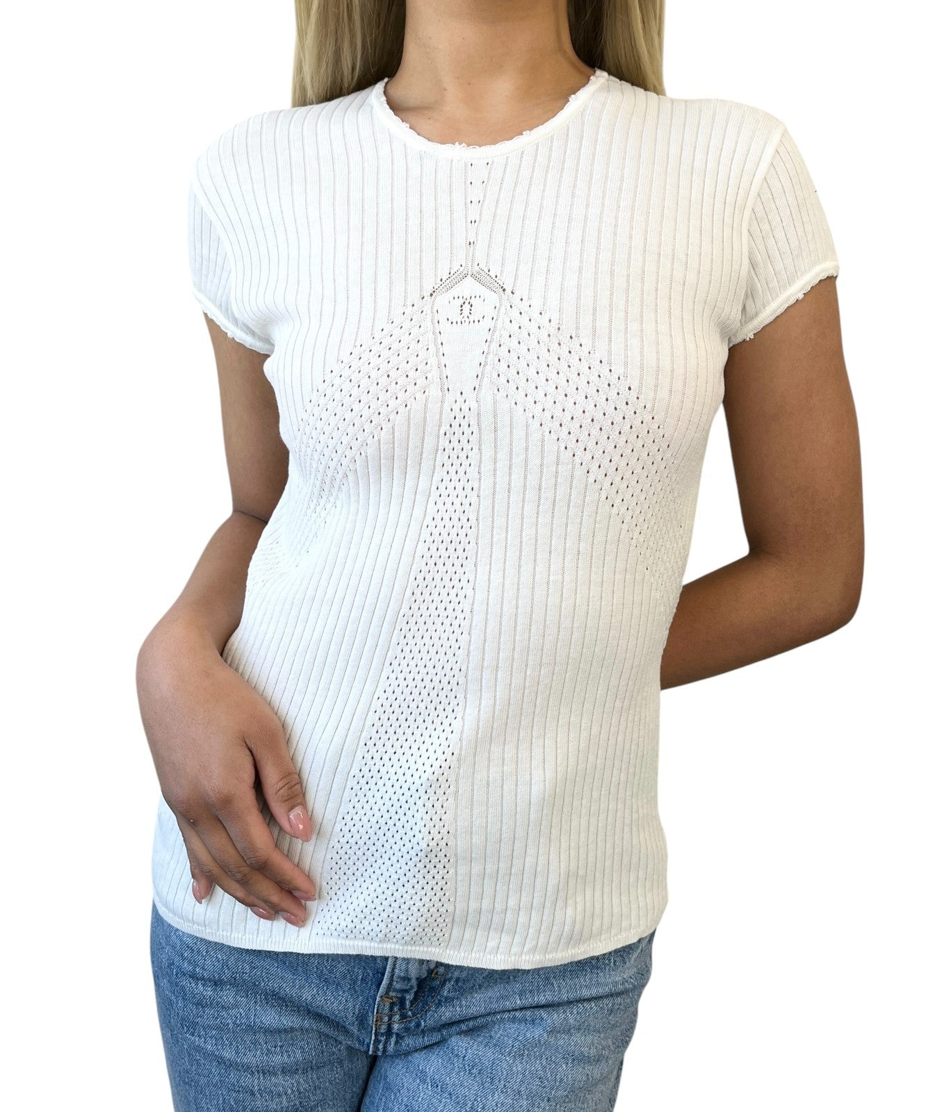 CHANEL Vintage 04P CC Mark Logo Knit T-shirt Top Rib Short Sleeve White Cotton