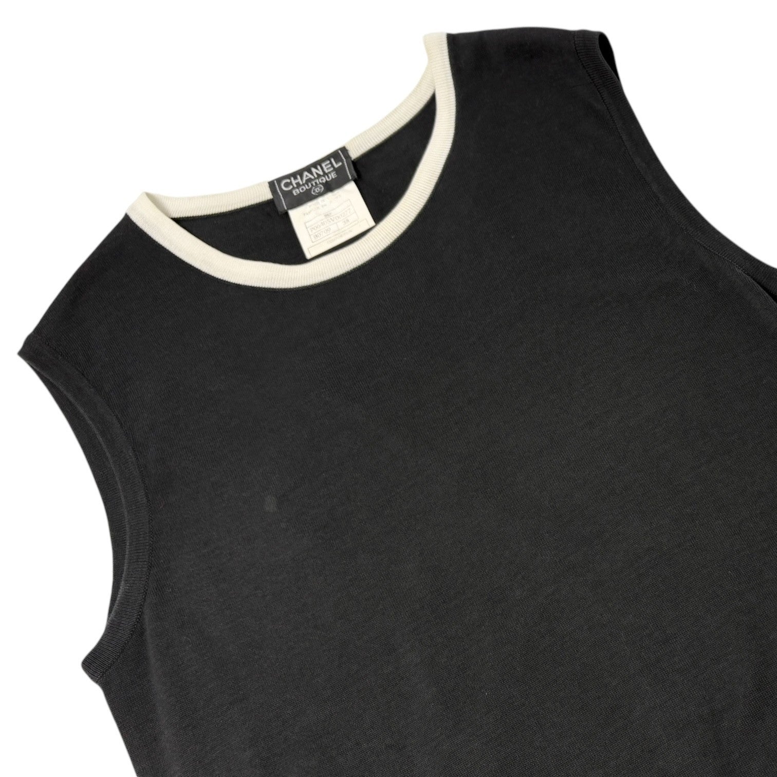 CHANEL Vintage 96P CC Mark Logo Knit Tank Top #38 Black White Cotton Sleeveless