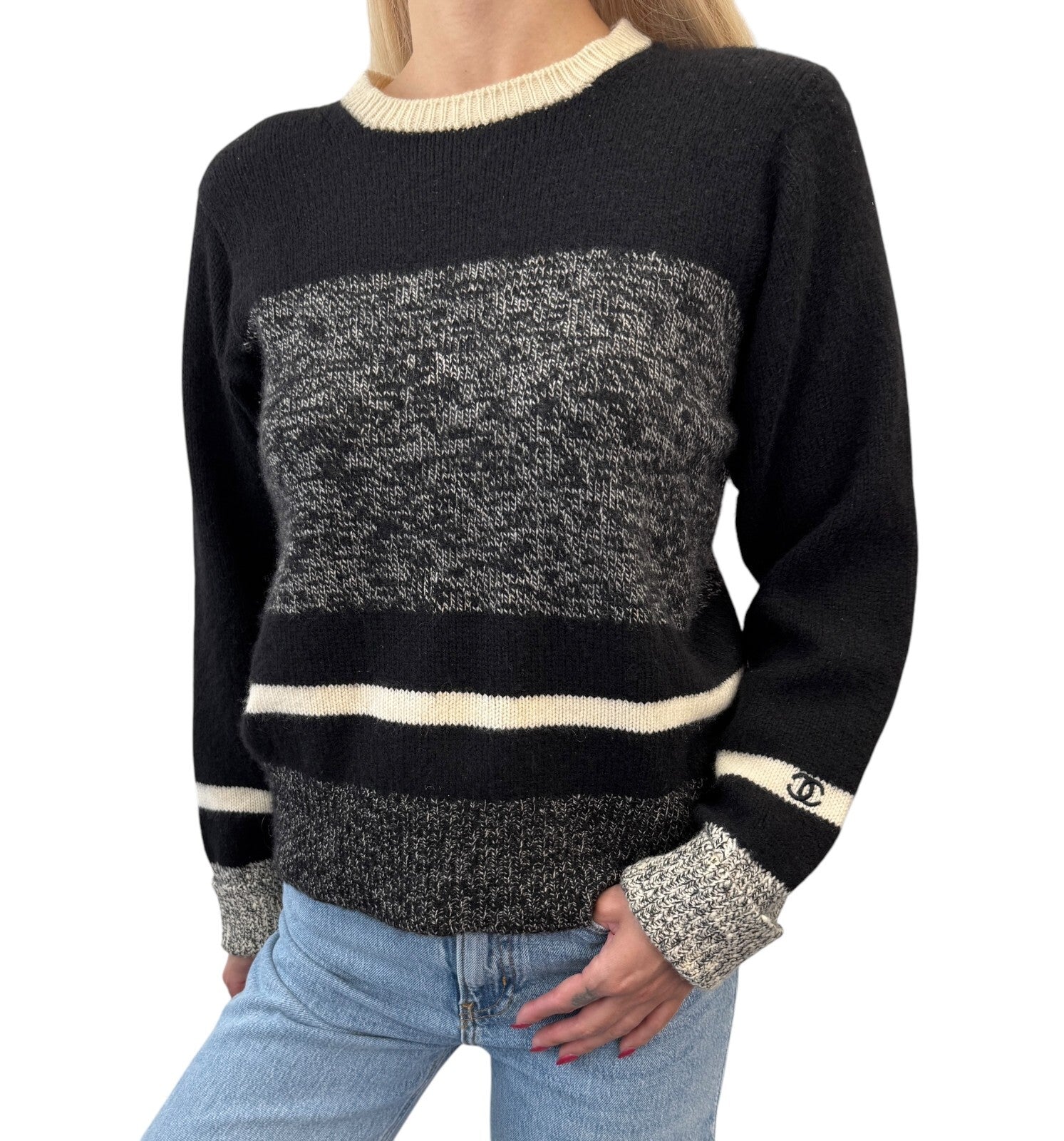 CHANEL Vintage 96A CC Logo Sweater #44 Knit Top Black Gray Cashmere Long Sleeve