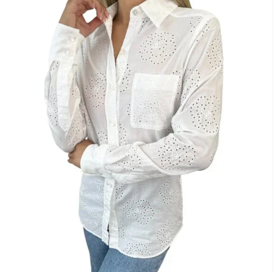 CHANEL Vintage 08P CC Logo Mark Camellia Blouse Shirt #36 Top White Cotton