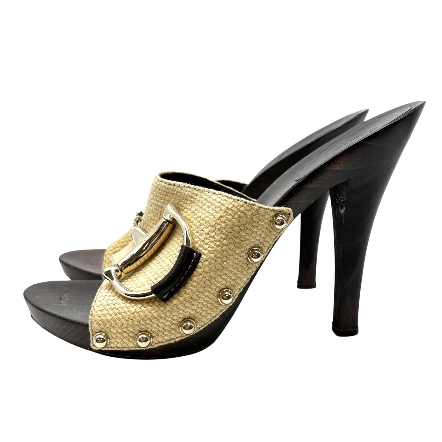 GUCCI Vintage Logo Horsebit Sandals Heels #36.5 Beige Brown Silver Cotton Wood