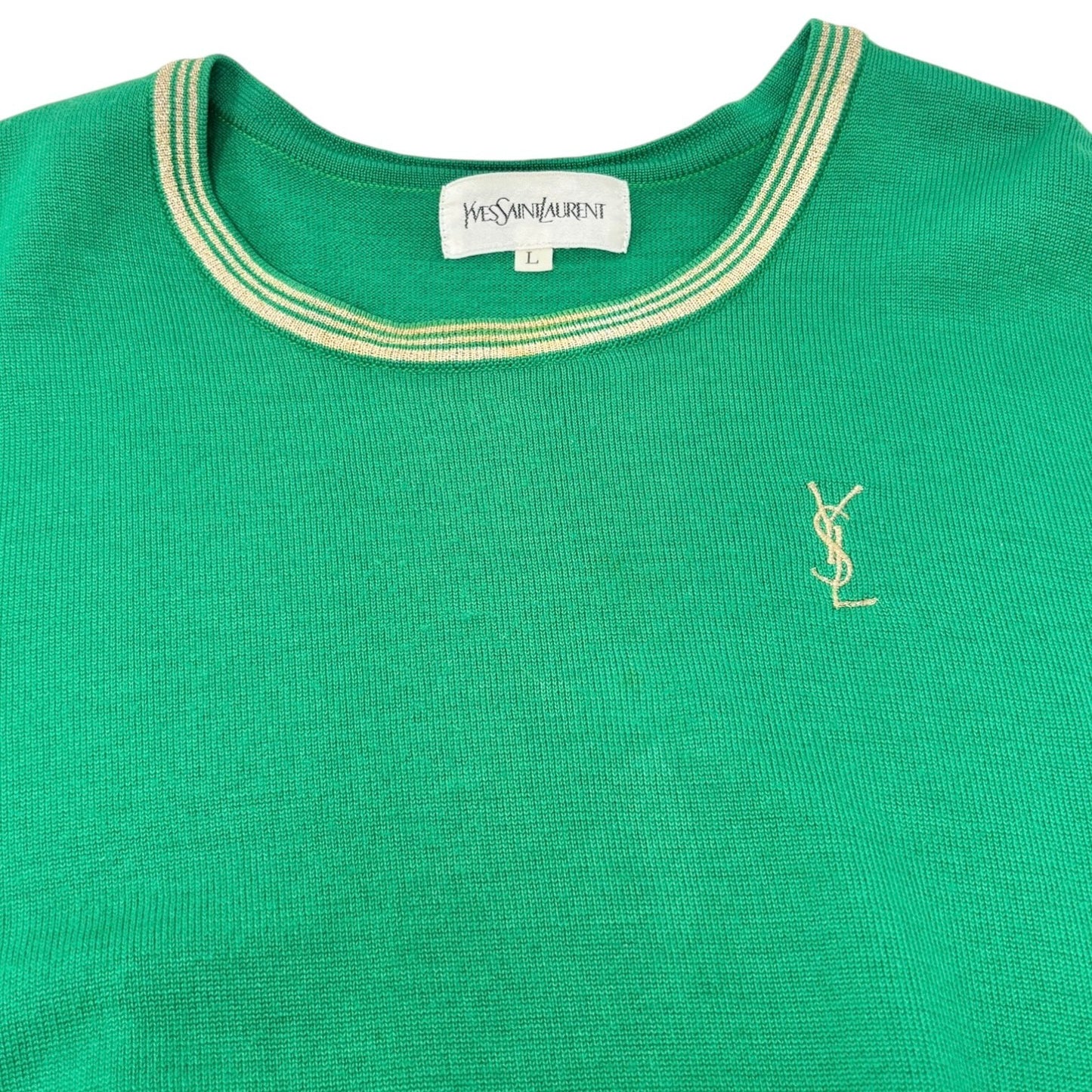 Yves Saint Laurent Vintage YSL Logo Knit Sweater Top #L Pullover Green Gold