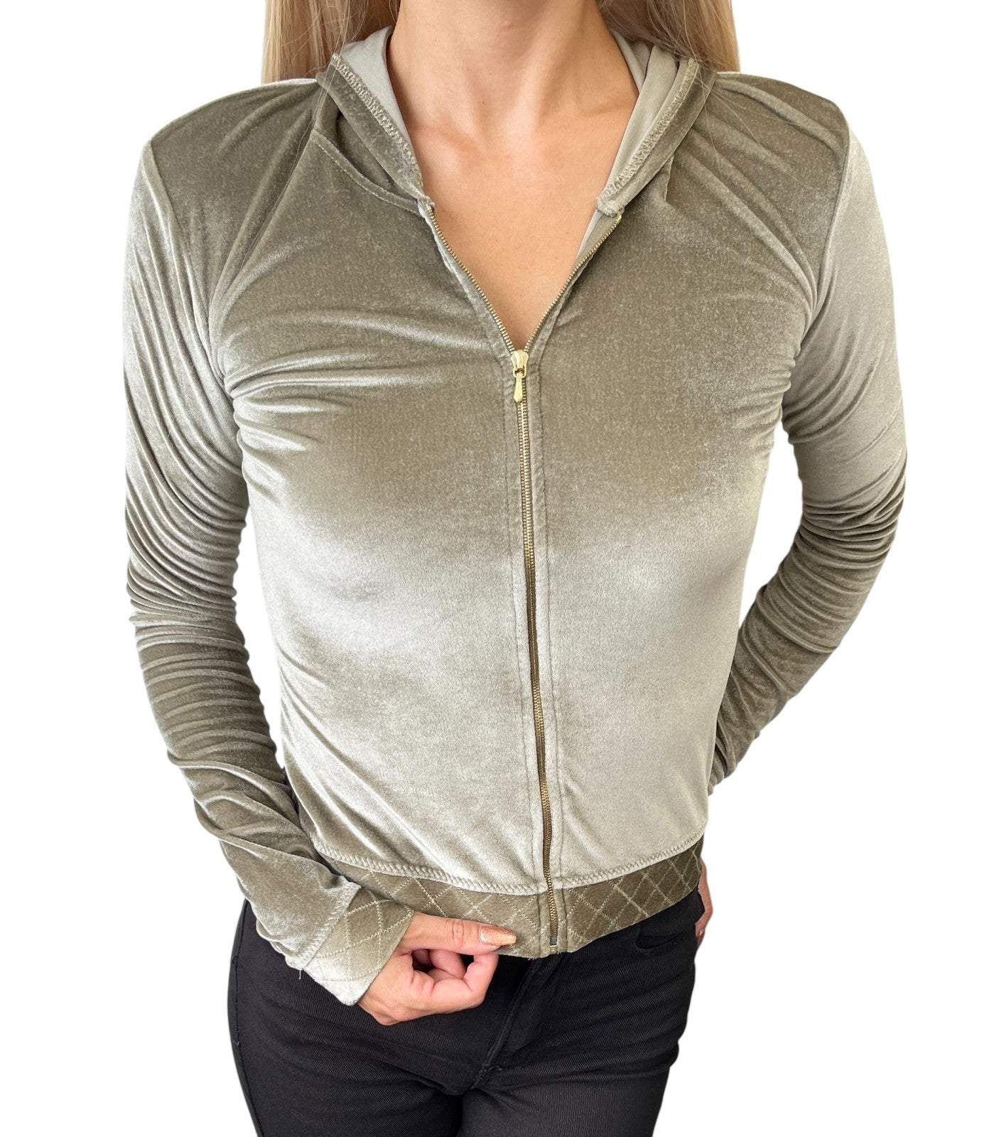 CHANEL Vintage 05C Hoodie Parka Jacket Cropped Zip Velvet #36 Khaki Nylon Zip