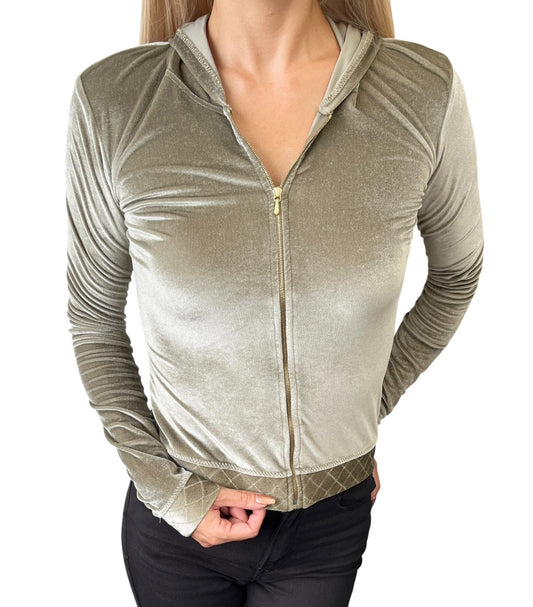CHANEL Vintage 05C Hoodie Parka Jacket Cropped Zip Velvet #36 Khaki Nylon Zip