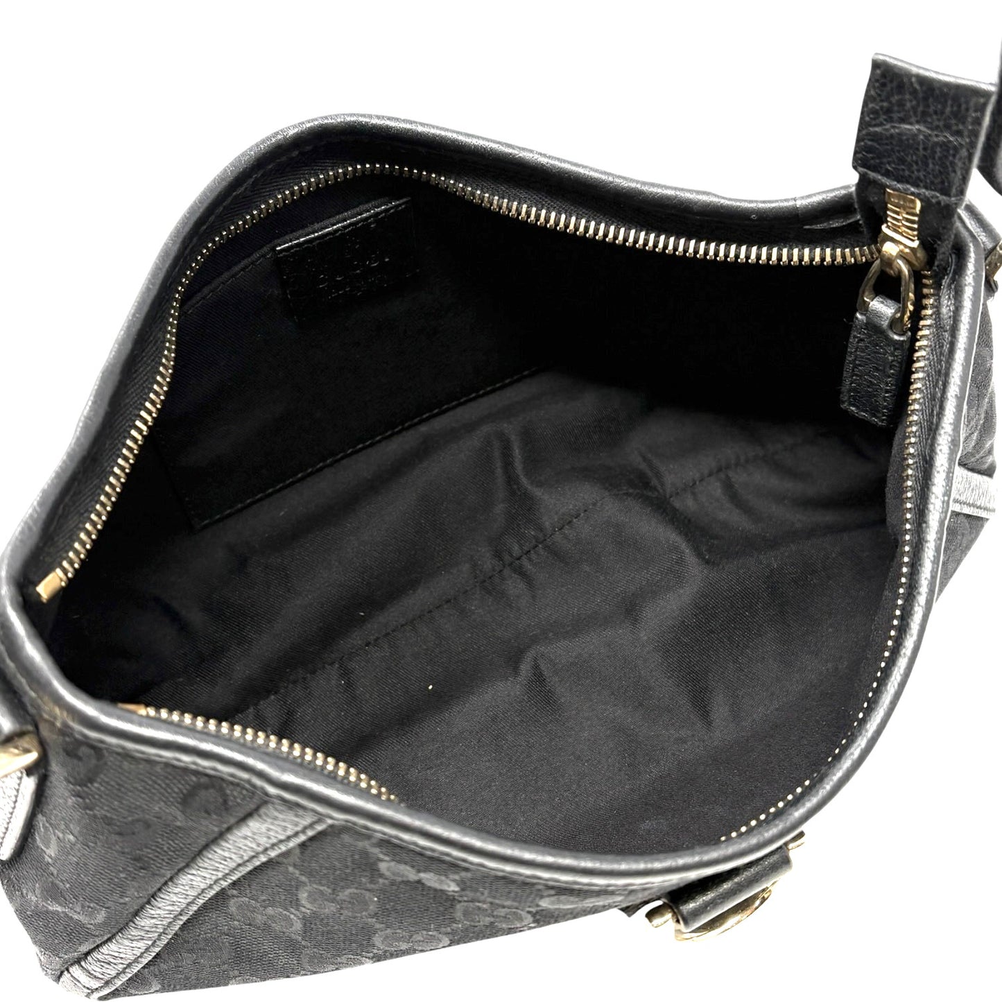 GUCCI Vintage GG Monogram Logo Abbey Shoulder Bag Zip Black Gold Canvas Leather
