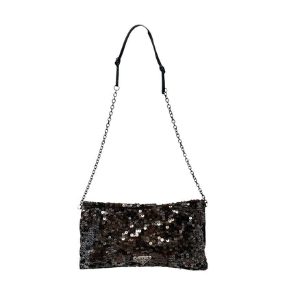 PRADA Vintage Triangle Logo Sequins Shoulder Bag Pochette Handbag Brown 902281