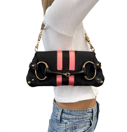 GUCCI Vintage GG Logo Monogram Horsebit Shoulder Clutch Bag Chain Black Pink