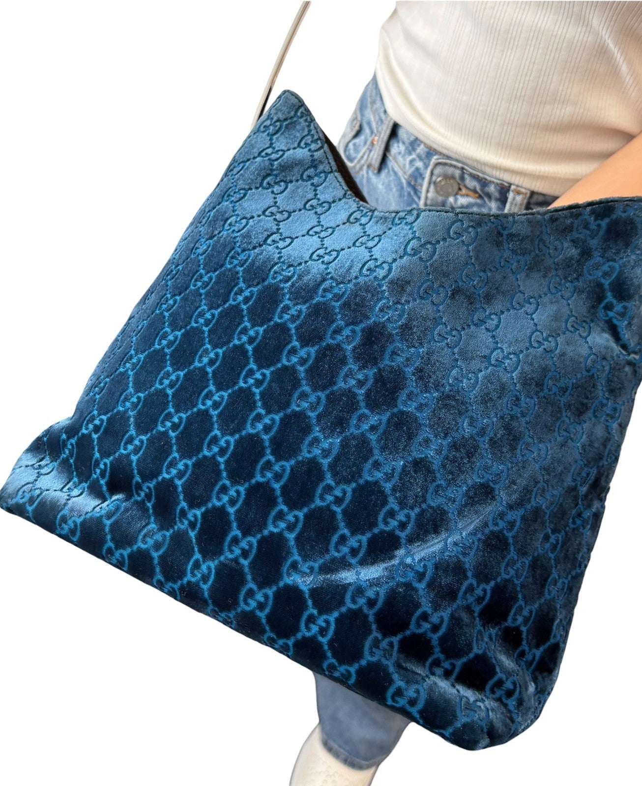 Gucci Vintage GG Monogram Suede Hobo Shoulder Bag Blue Silver Leather 902062