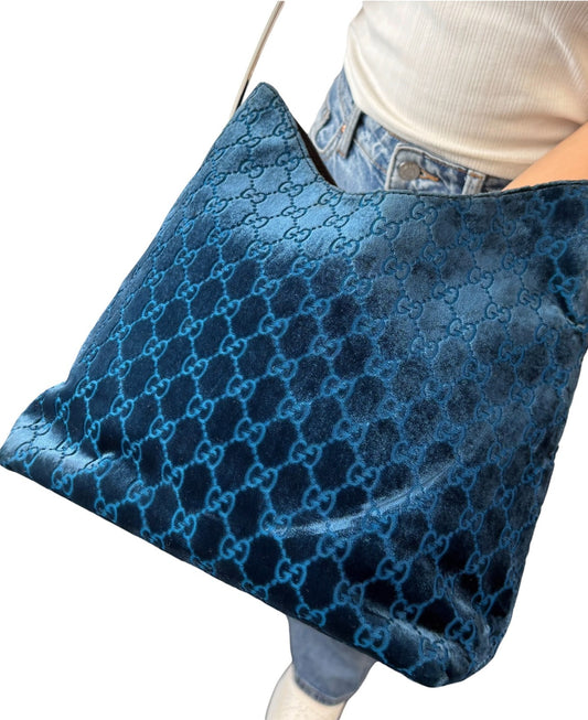 Gucci Vintage GG Monogram Suede Hobo Shoulder Bag Blue Silver Leather 902062
