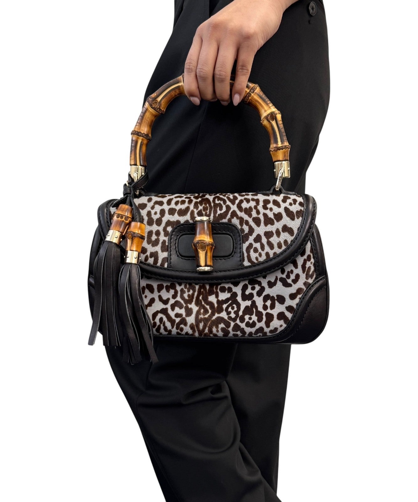GUCCI Vintage Bamboo Leopard 2way Handbag Crossbody Bag Pony Calf Hair Gray