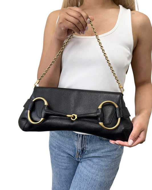 GUCCI Vintage Horsebit Logo Chain Shoulder Bag Leather Black Gold 902500