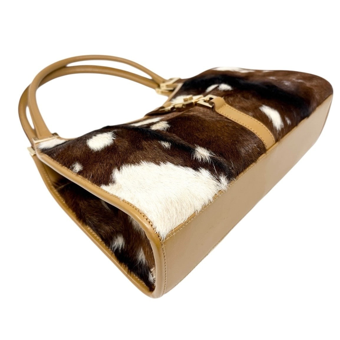 GUCCI Vintage Jackie Cow Pony Calf Hair Shoulder Bag Brown Gold Leather