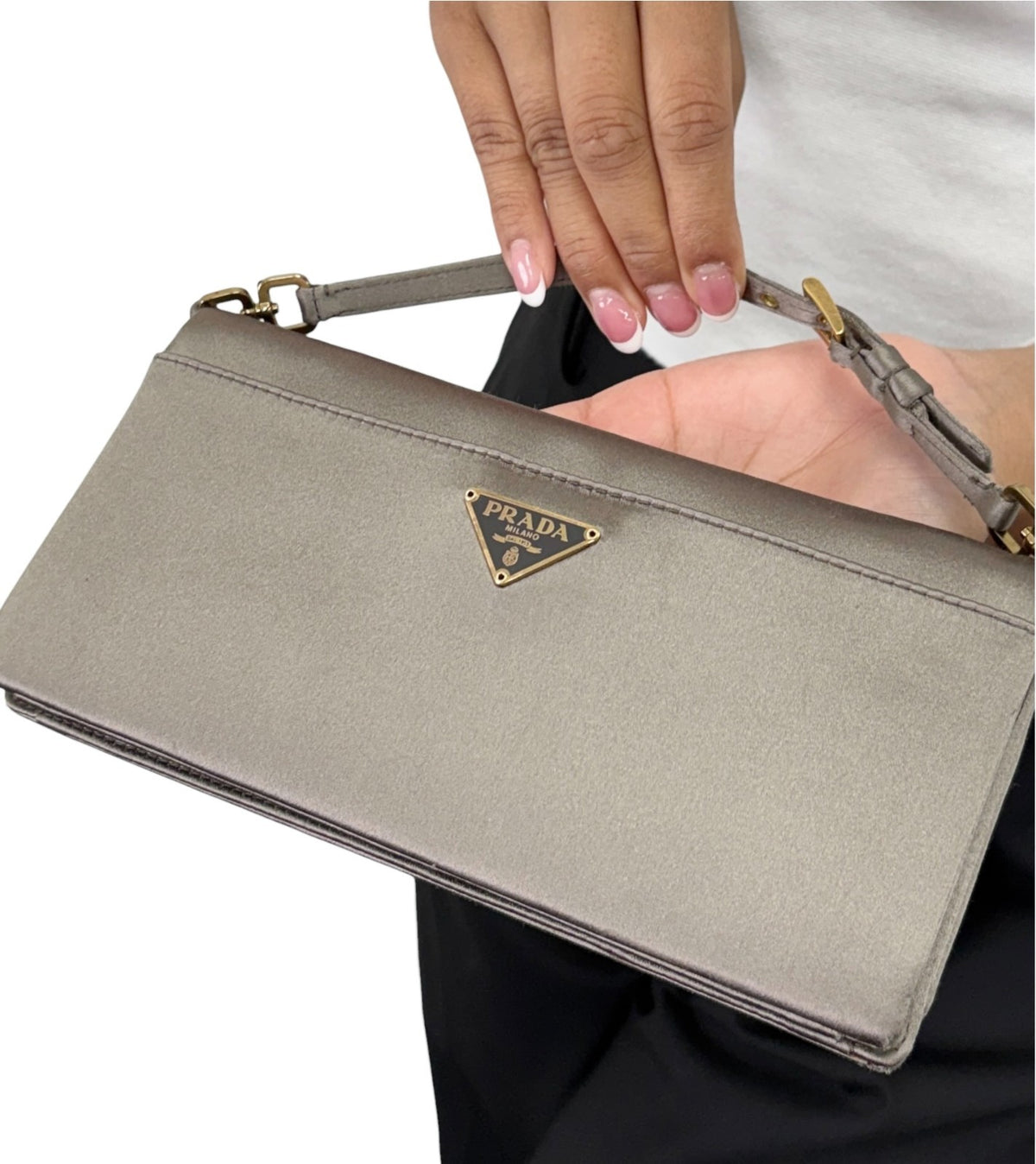 PRADA Vintage Logo Pochette Mini Hand Clutch Bag Satin Silver Gold 902499