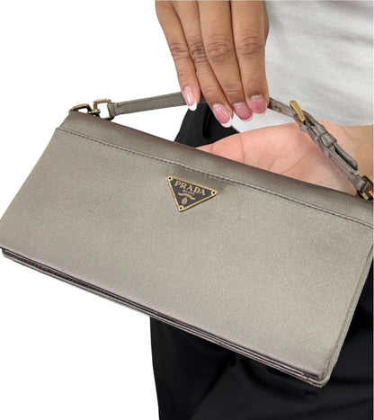 PRADA Vintage Logo Pochette Mini Hand Clutch Bag Satin Silver Gold 902499