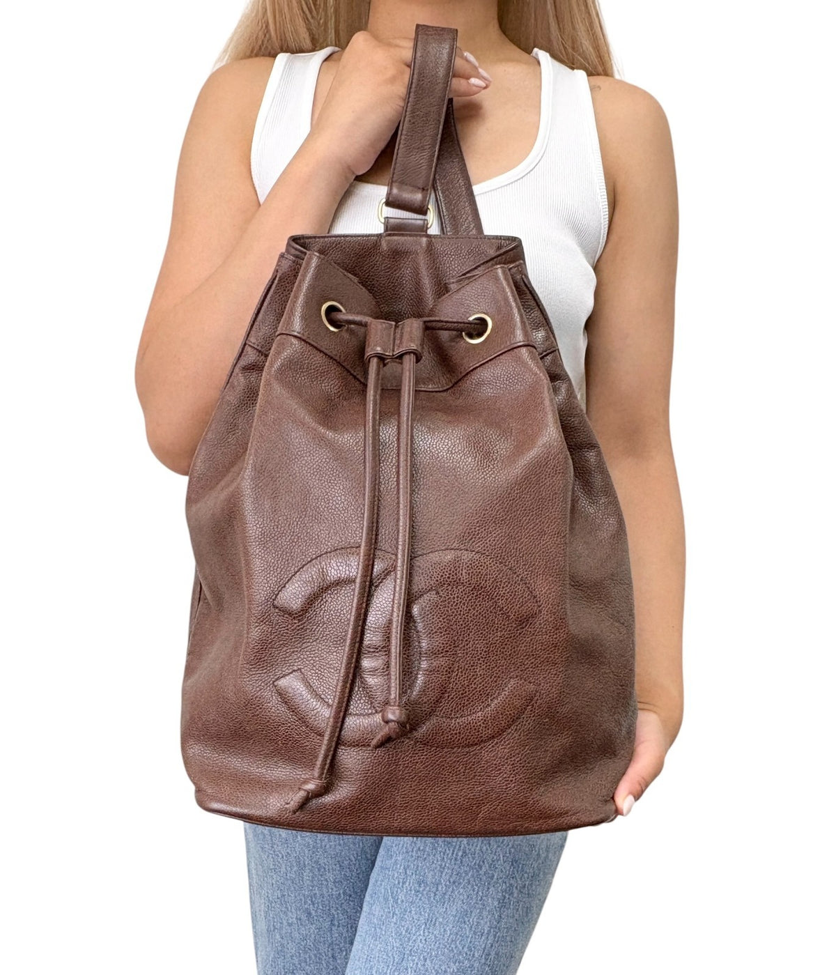 CHANEL Vintage CC Logo Drawstring Backpack Bag Brown Gold Leather 902312