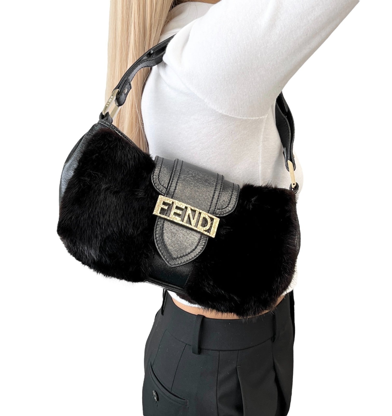 FENDI Vintage Logo Fur Baguette Mini Shoulder Bag Handbag Black Gold Leather