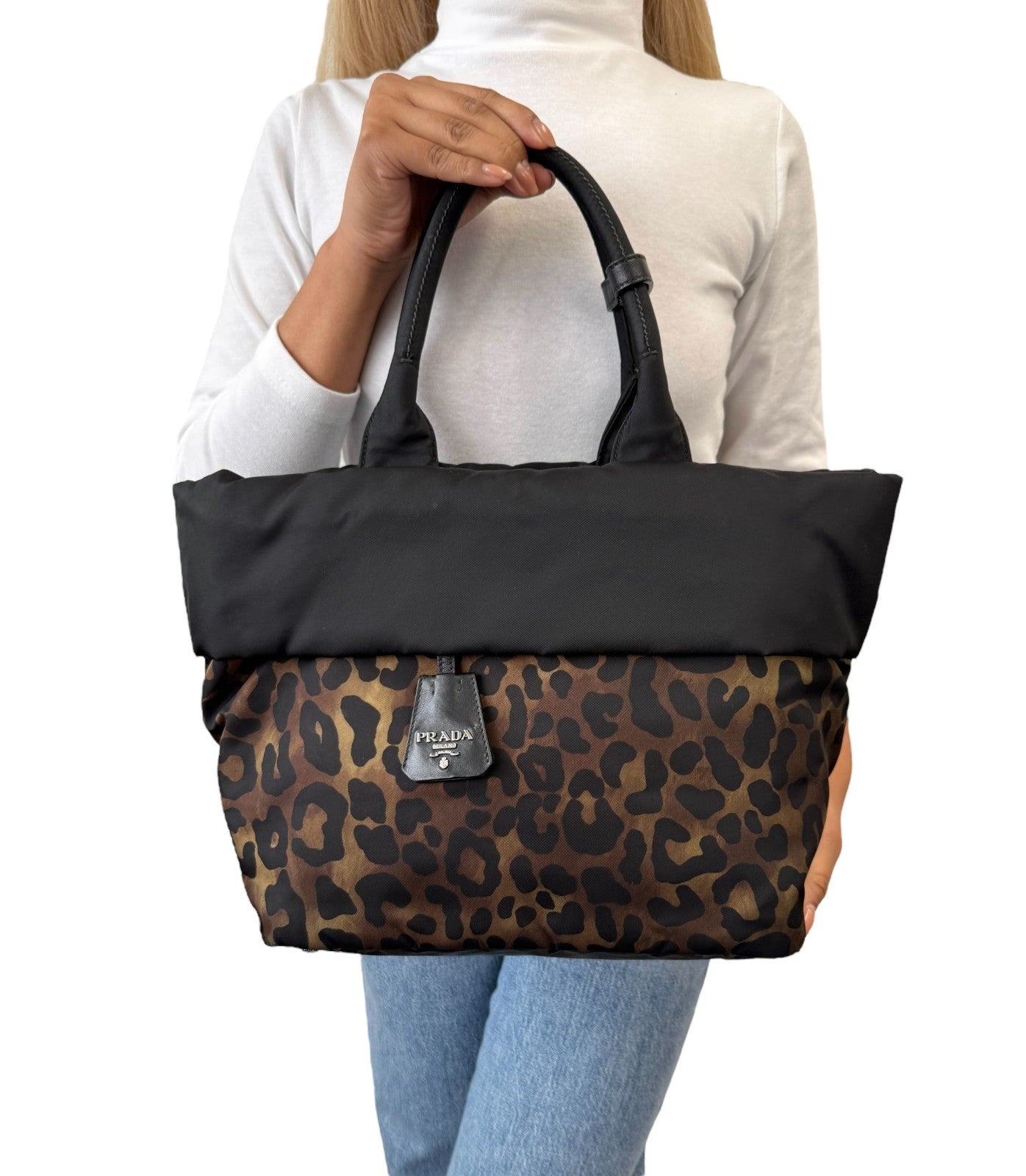 PRADA Vintage Logo Leopard 2way Shoulder Bag Crossbody Black Khaki Zip Nylon