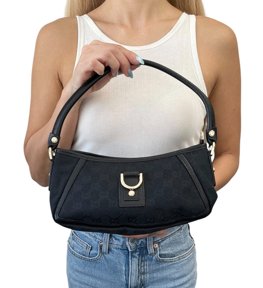 GUCCI Vintage GG Monogram Abbey Canvas Shoulder Bag Dark Blue Black Gold