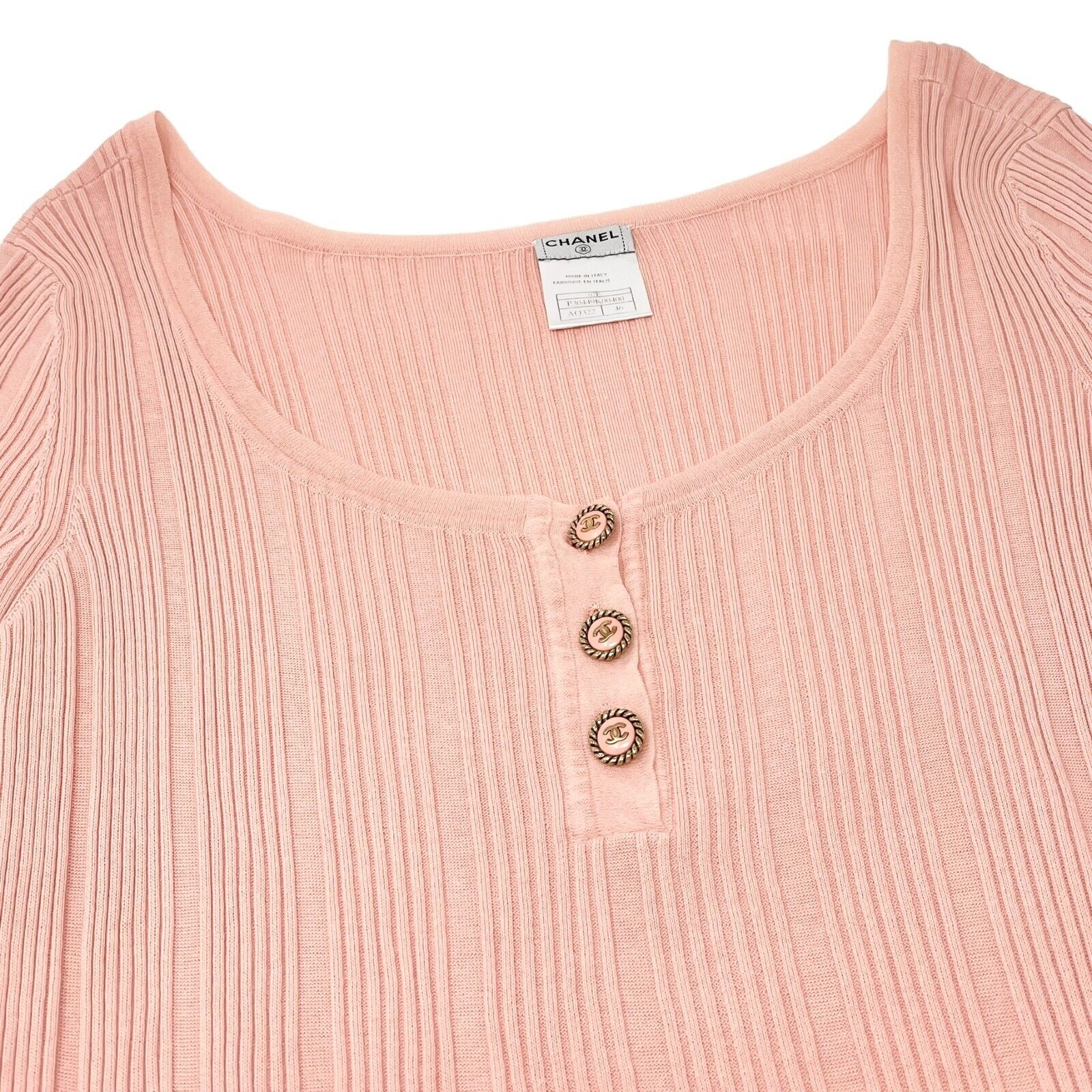 CHANEL Vintage 07P CC Logo Rib Knit Top #46 T-shirt Pink Gold Cotton Rank AB