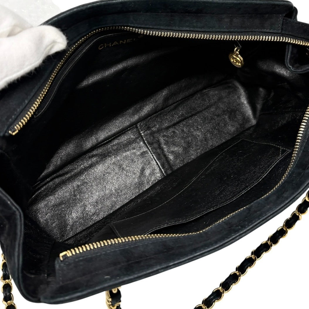 CHANEL Vintage CC Logo Quilted Chain Shoulder Bag Black Gold Suede 901890