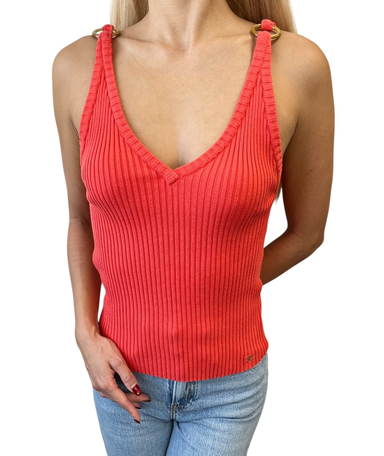 CHANEL Vintage 01C CC Gold Ring Knit Ribed Tank Camisole Top #40 Orange Cotton