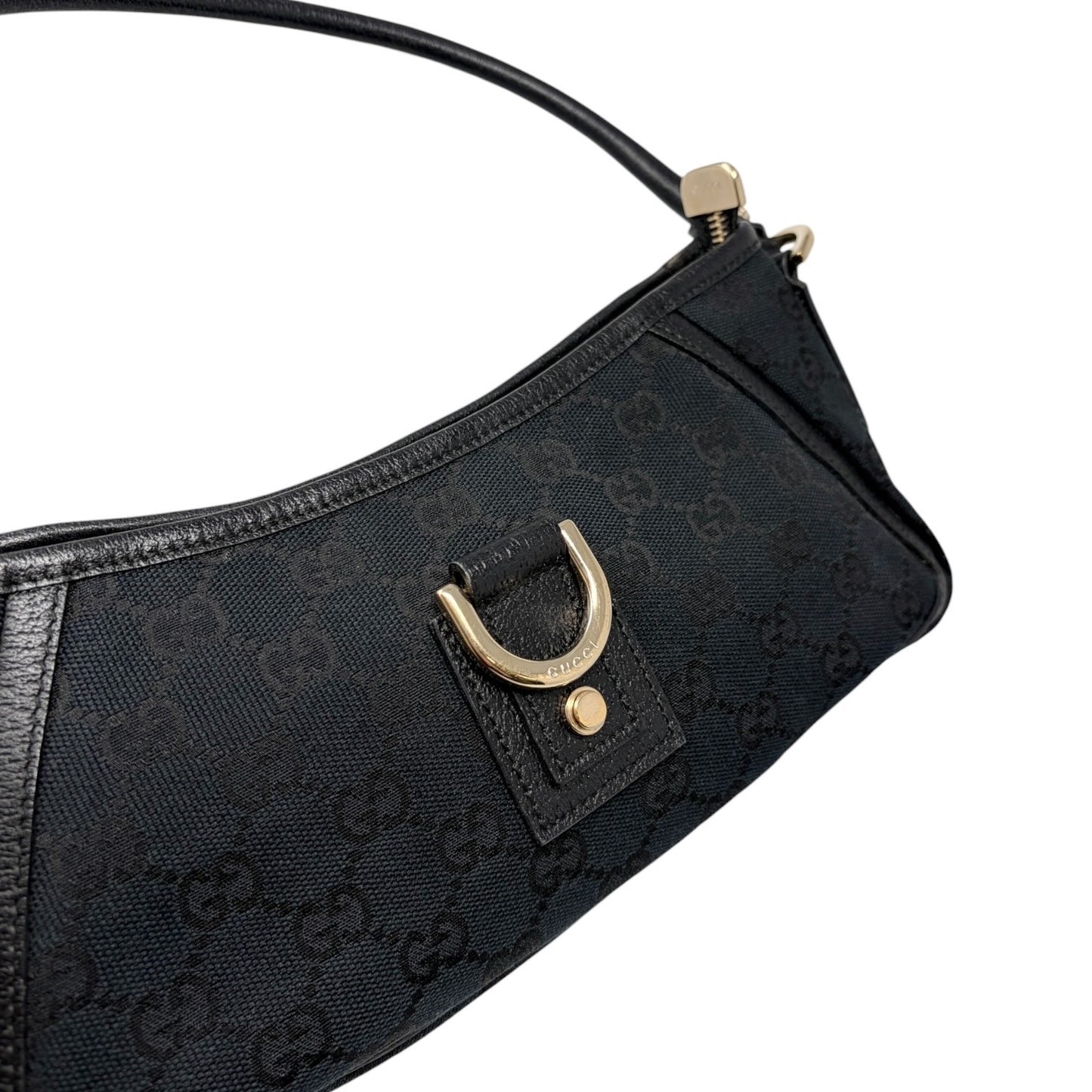 GUCCI Vintage GG Monogram Logo Abbey Shoulder Bag Zip Black Gold Canvas Leather