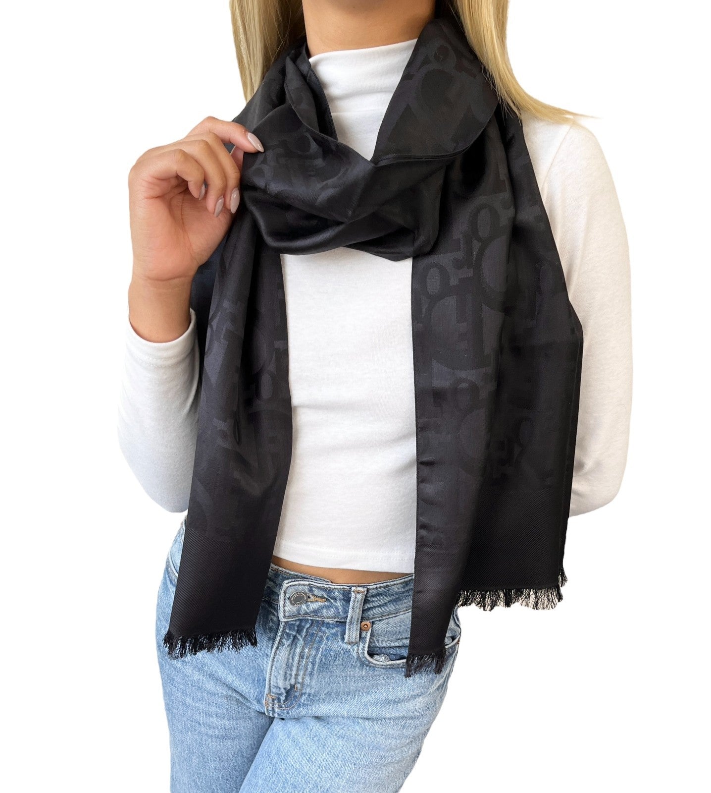 Christian Dior Vintage Trotter Monogram Long Scarf Wrap Silk Black 901831