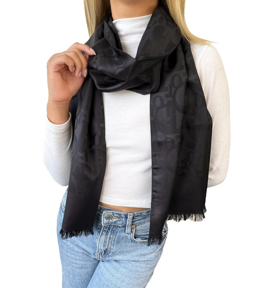 Christian Dior Vintage Trotter Monogram Long Scarf Wrap Silk Black 901831