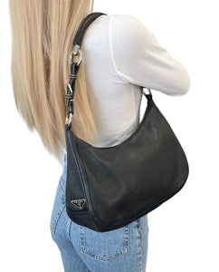 PRADA Vintage Logo Shoulder Bag Handbag Zip Stitch Black Silver Leather