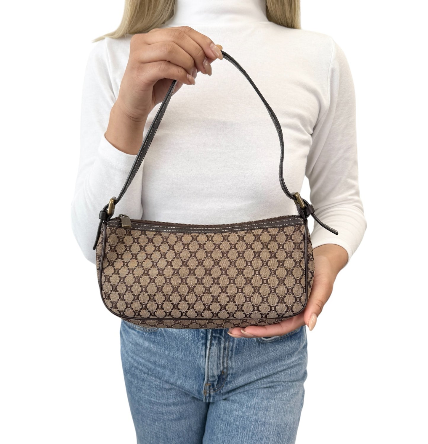 CELINE Vintage Macadam Monogram Shoulder Mini Bag Pochette Brown Canvas Leather