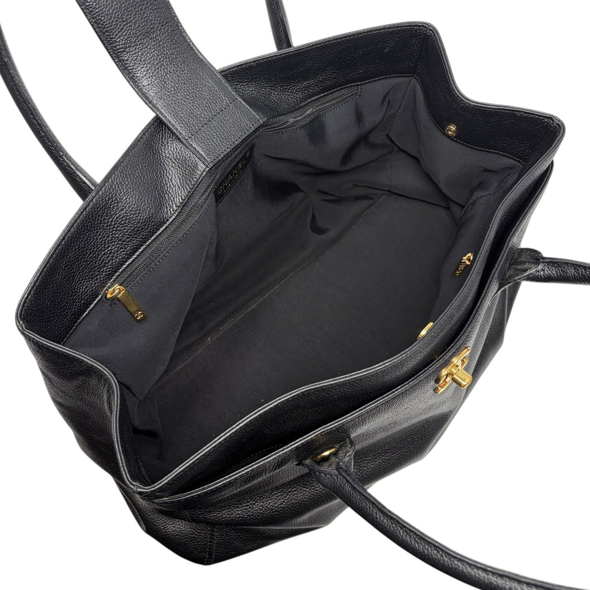 CHANEL CC Turnlock Executive Tote Shoulder Bag Black Gold Leather 902459