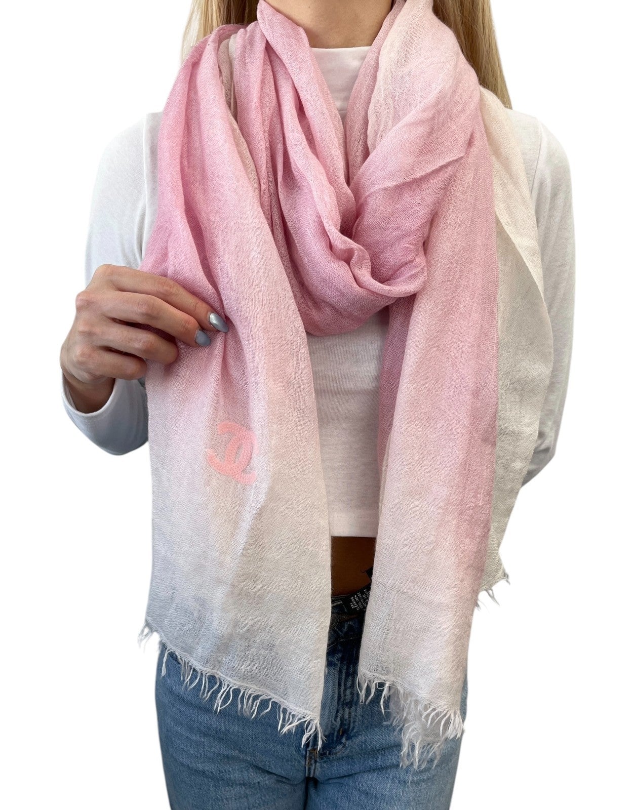 CHANEL Vintage CC Logo Cashmere Scarf Shawl Wrap Gradation Pink Cream