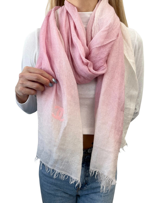 CHANEL Vintage CC Logo Cashmere Scarf Shawl Wrap Gradation Pink Cream