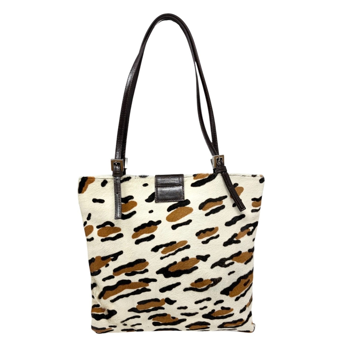 FENDI Vintage FF Logo Leopard Animal Print Tote Bag White Pony Calf Hair 901822