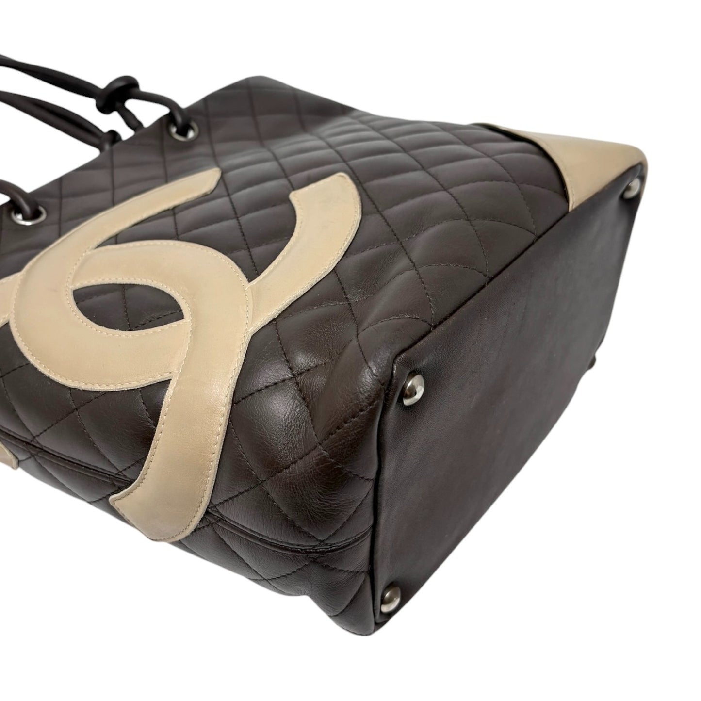 CHANEL Vintage Cambon Line CC Logo Quilted Tote Bag Brown Beige Leather 901900