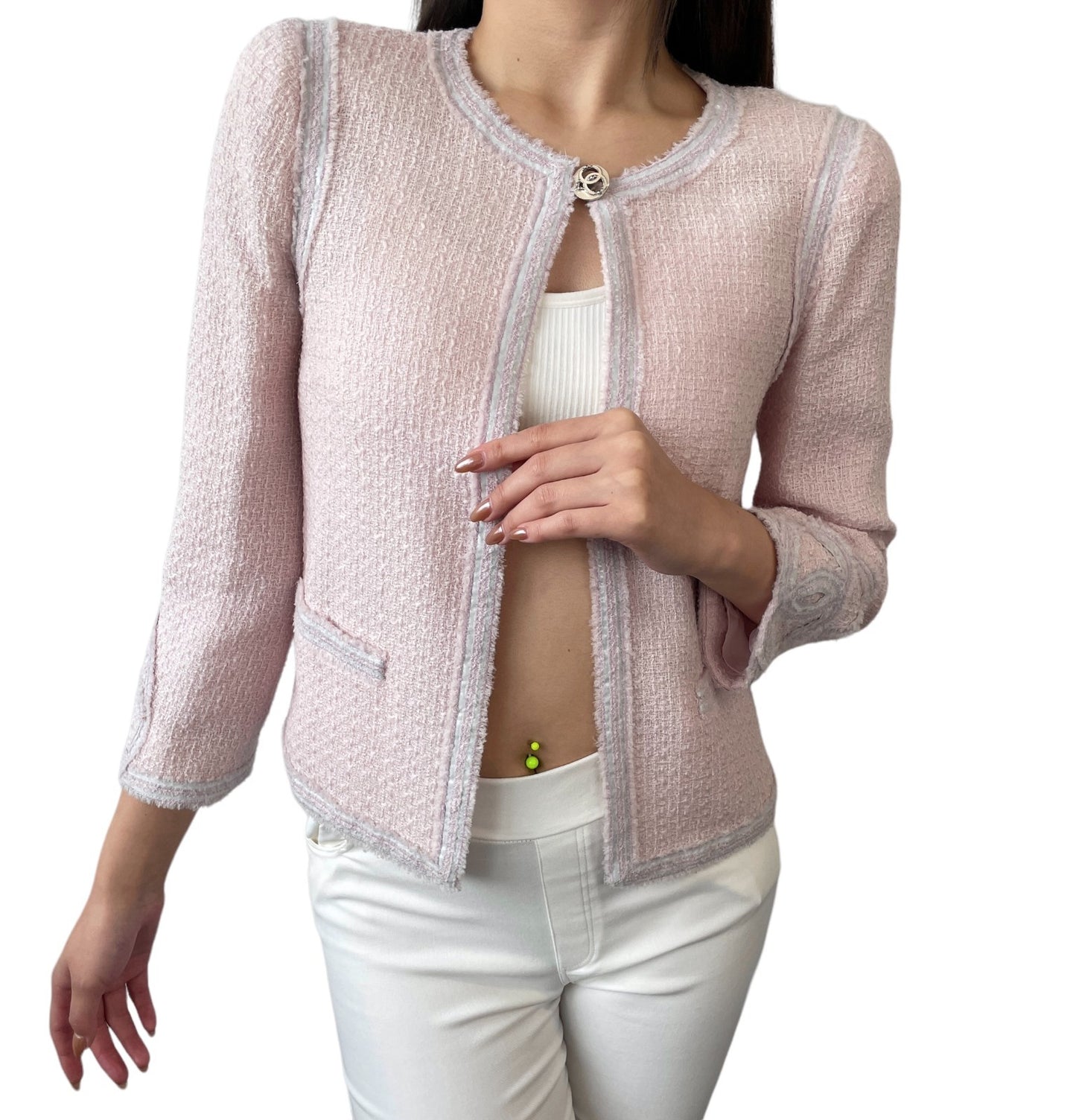 CHANEL Vintage 09C CC Heart Logo Button Tweed Jacket #36 Pink Wool 902019