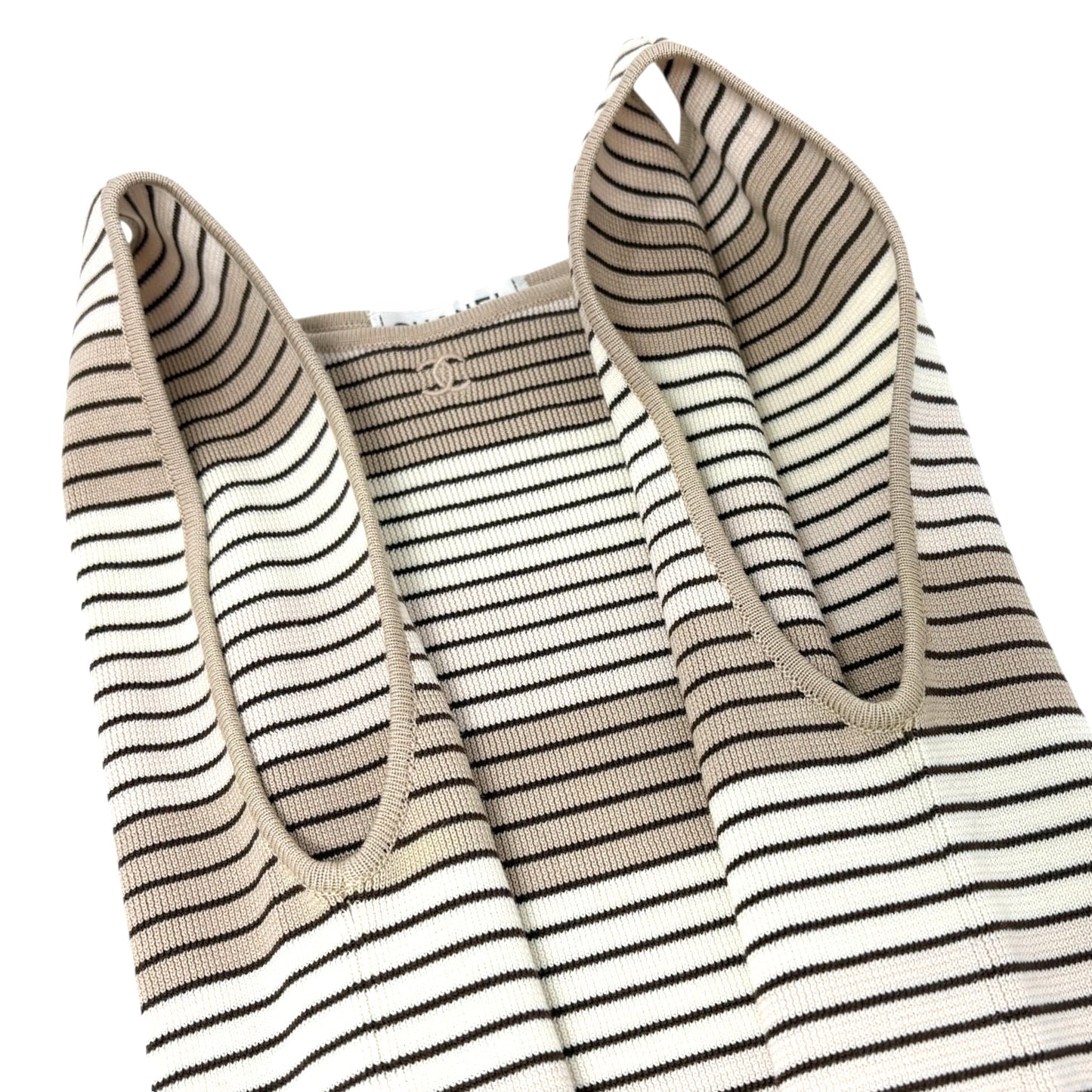 CHANEL Vintage 98P CC Logo Knit Tank Top #40 Stripe Brown Beige Cotton
