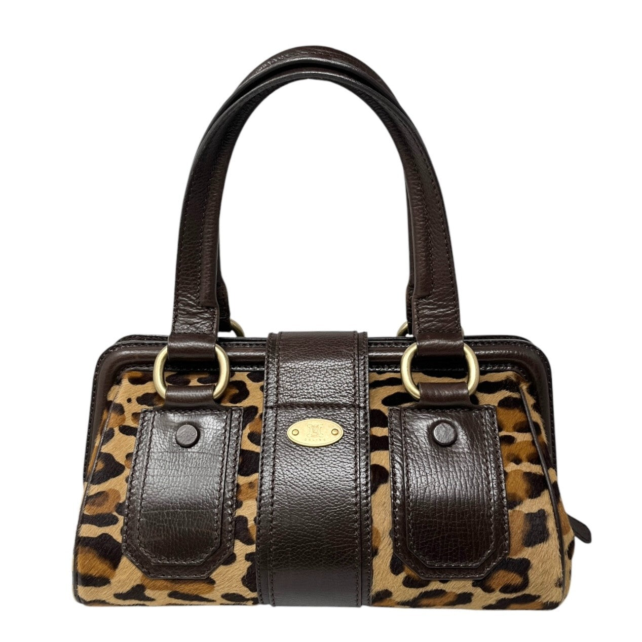 CELINE Vintage Macadam Logo Leopard Shoulder Bag Brown Beige Calf Hair Leather