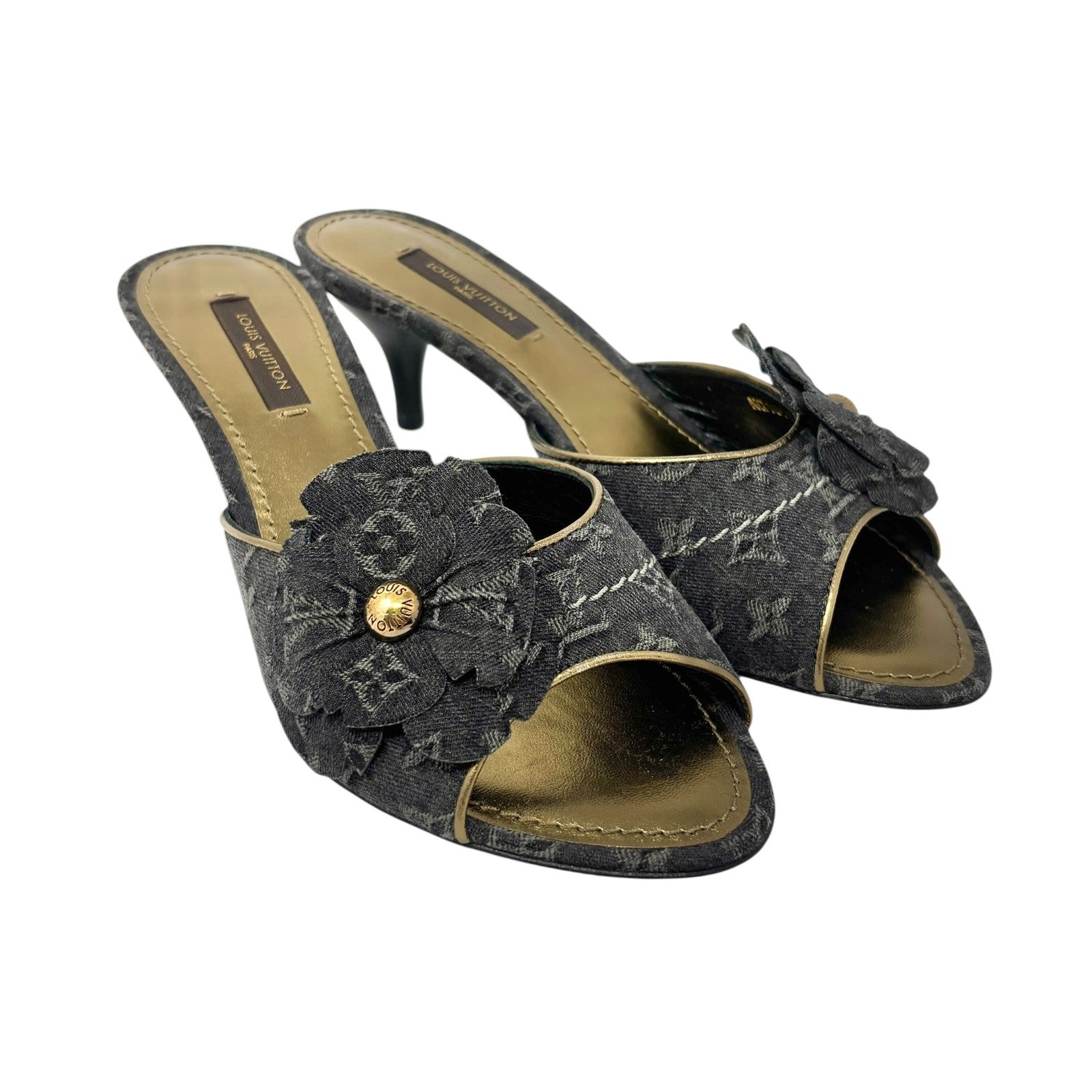 LOUIS VUITTON Vintage Monogram Denim Flower Sandals Heels #36 Black Open Toe