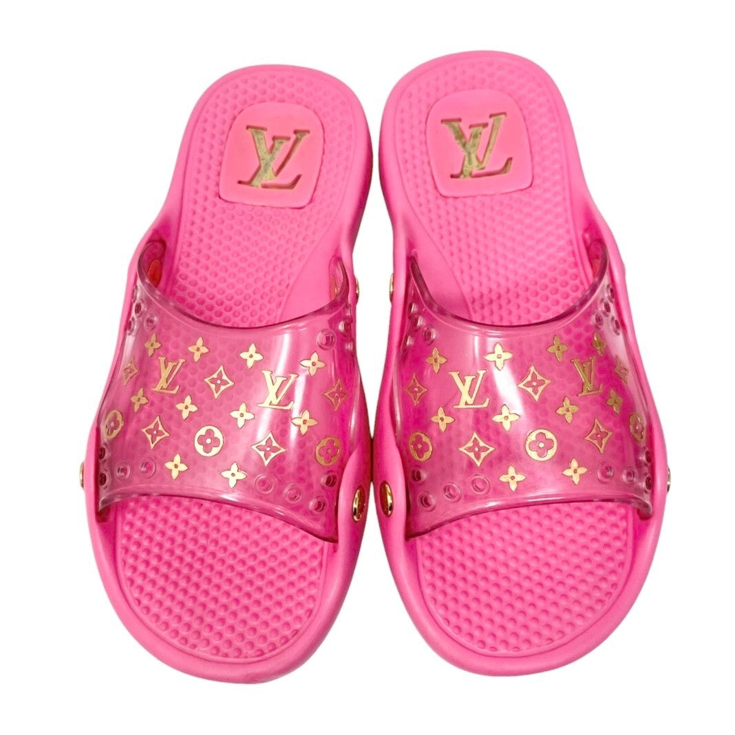 LOUIS VUITTON Vintage Lv Logo Monogram Beach Sandals #36-36.5 Pink Gold Rubber